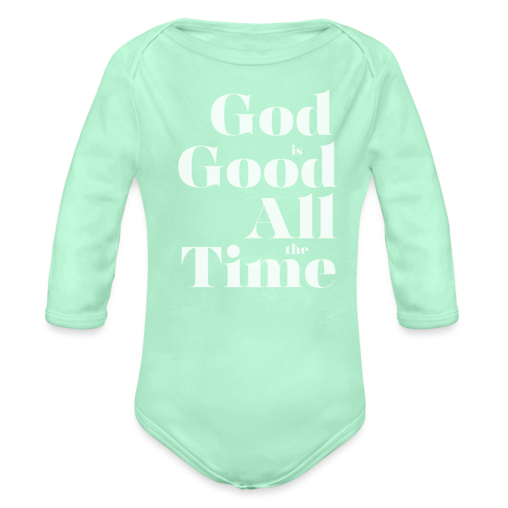 God is Good Organic Long Sleeve Baby Bodysuit - light mint