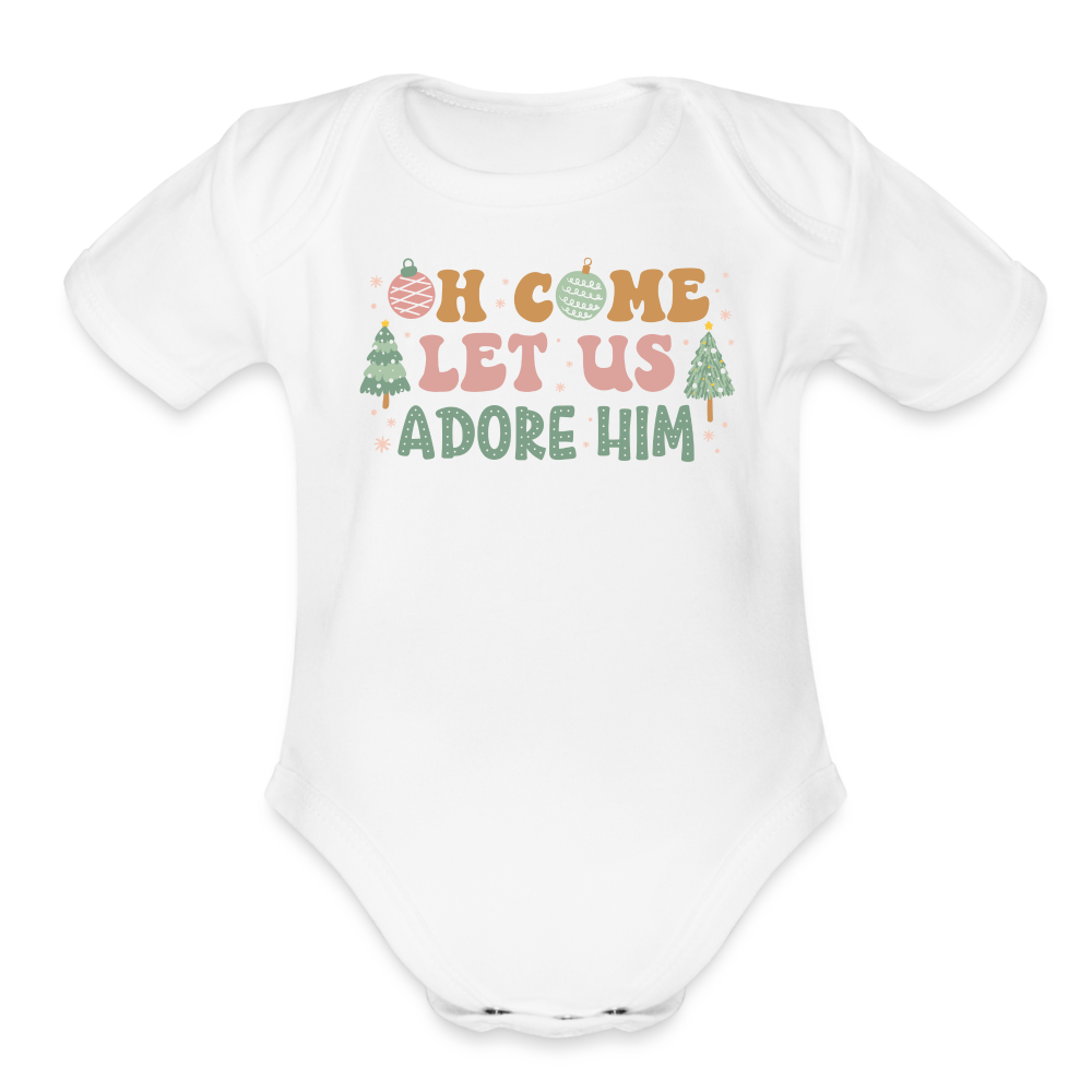 Oh Come Let Us Adore Him Christmas Family Organic Short Sleeve Baby Bodysuit - white