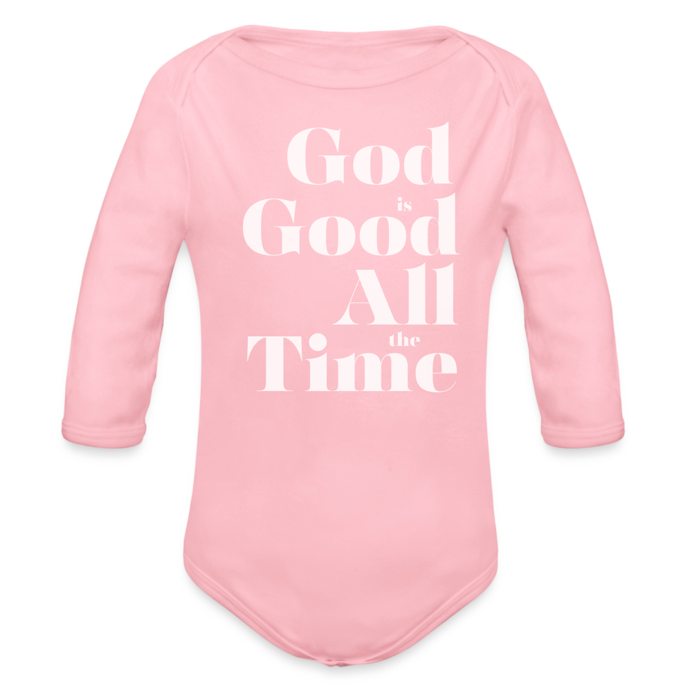 God is Good Organic Long Sleeve Baby Bodysuit - light pink