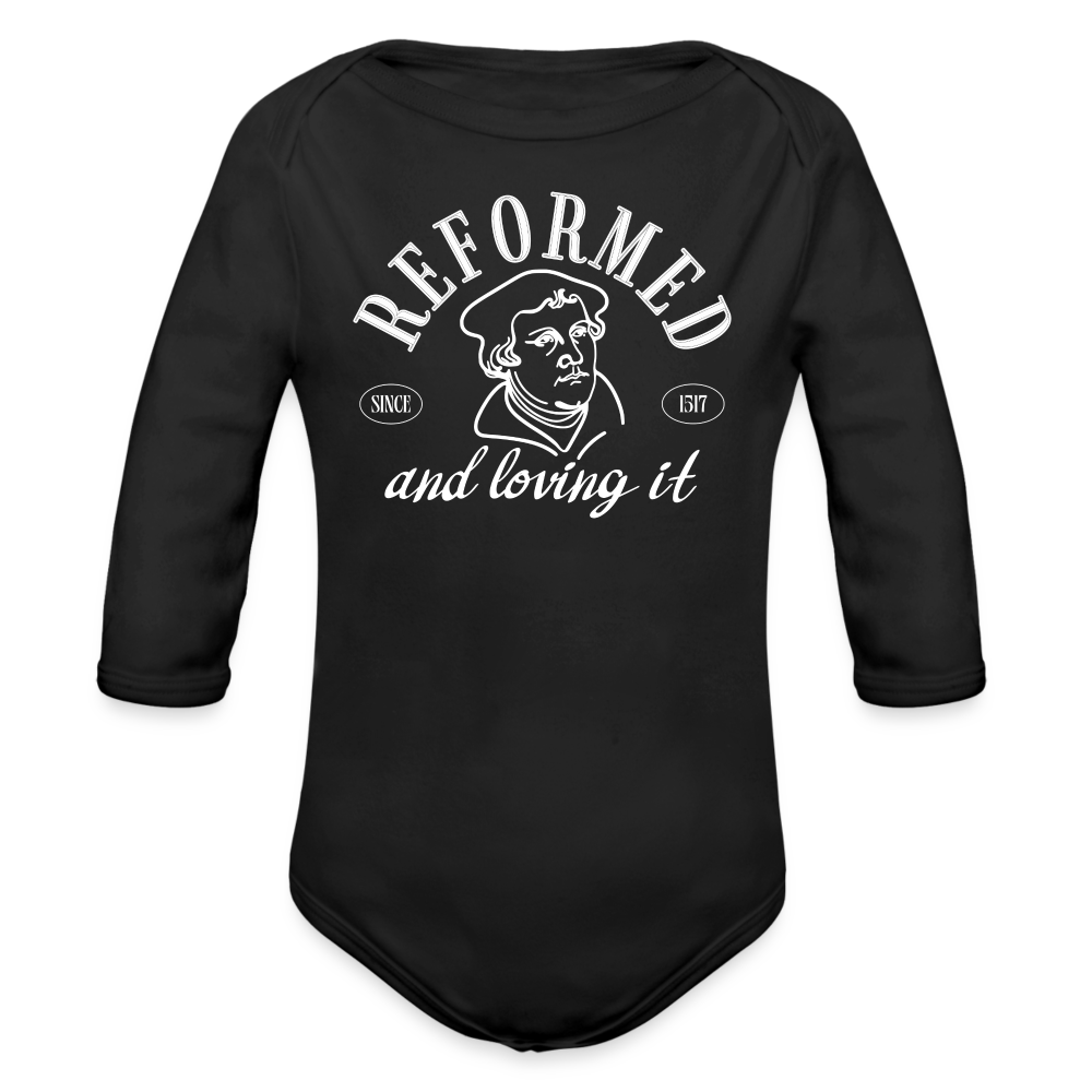 Reformed & Loving It (W) Reformation Day Baby Long Sleeve Bodysuit - black