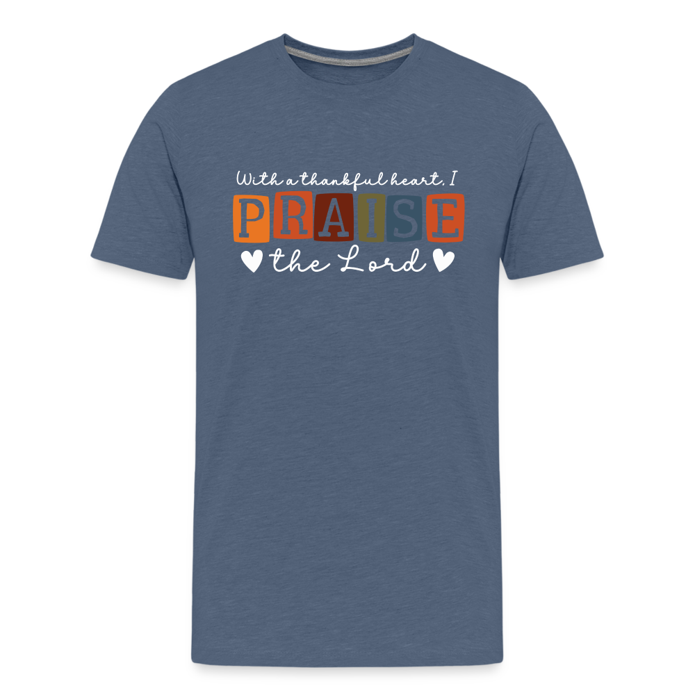 With a Thankful Heart I Praise the Lord (W) Kid's T-Shirt - heather blue