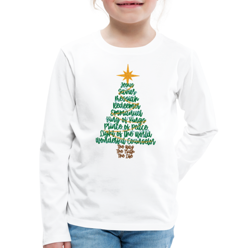 Names of Jesus Christmas Tree Kid's Long Sleeve Shirt - white