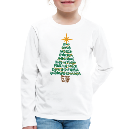 Names of Jesus Christmas Tree Kid's Long Sleeve Shirt - white