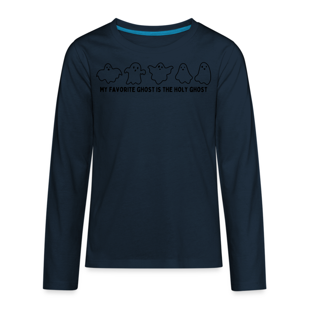 My Favorite Ghost is the Holy Ghost (Outline) Youth Long Sleeve Shirt - deep navy