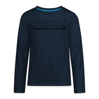 My Favorite Ghost is the Holy Ghost (Outline) Youth Long Sleeve Shirt - deep navy