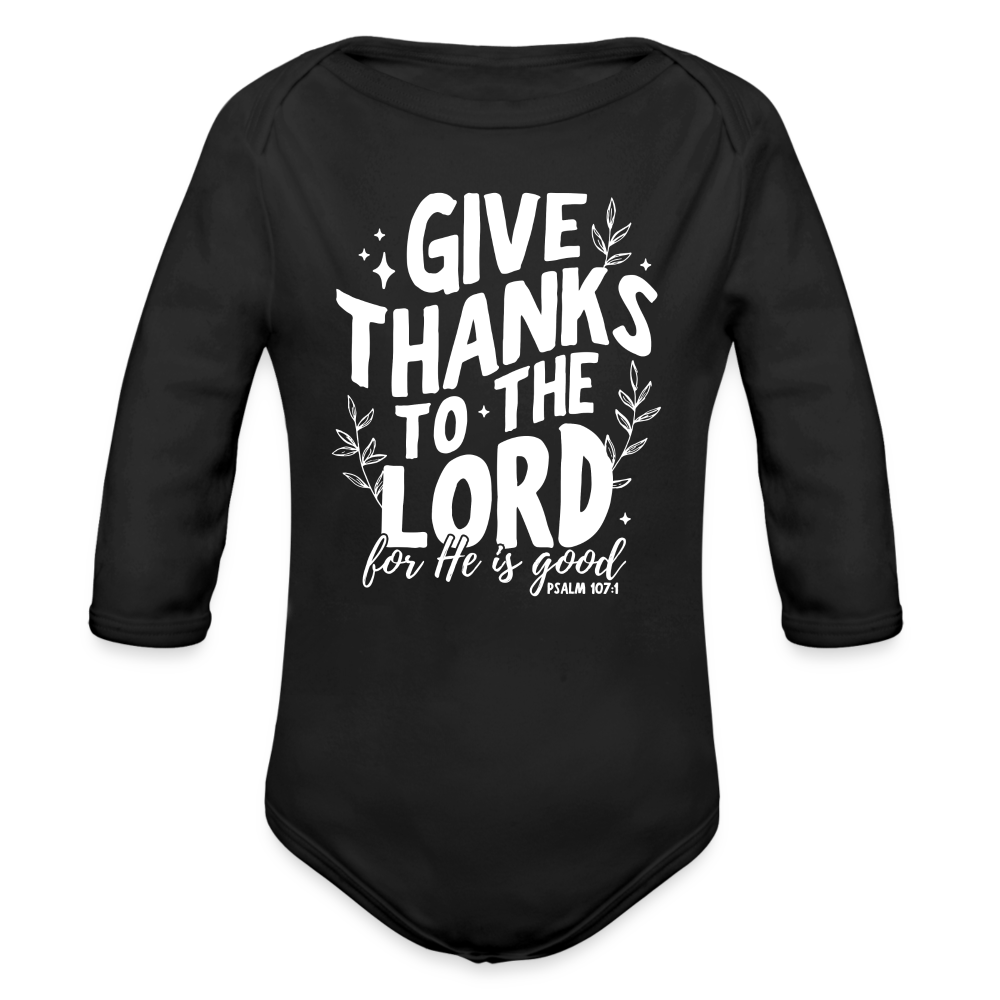 Give Thanks to the Lord Baby Long Sleeve Onesie - black