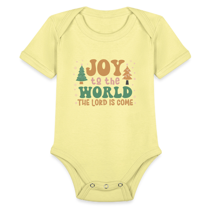 Joy to the World Christmas Family Organic Short Sleeve Baby Bodysuit - washed yellow