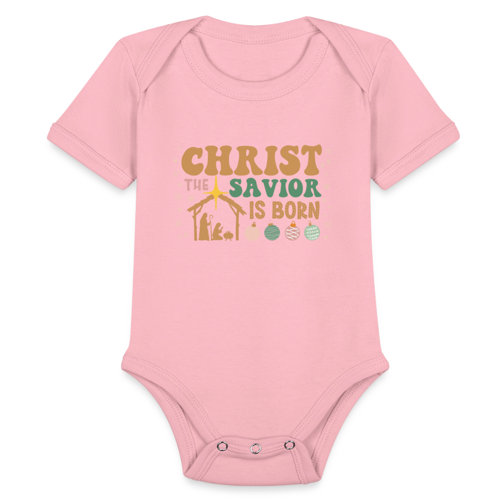 Christ the Savior is Born Christmas Family Organic Short Sleeve Baby Bodysuit - light pink