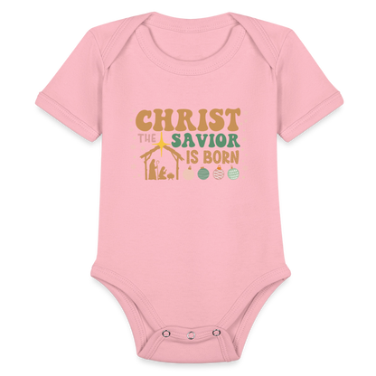 Christ the Savior is Born Christmas Family Organic Short Sleeve Baby Bodysuit - light pink