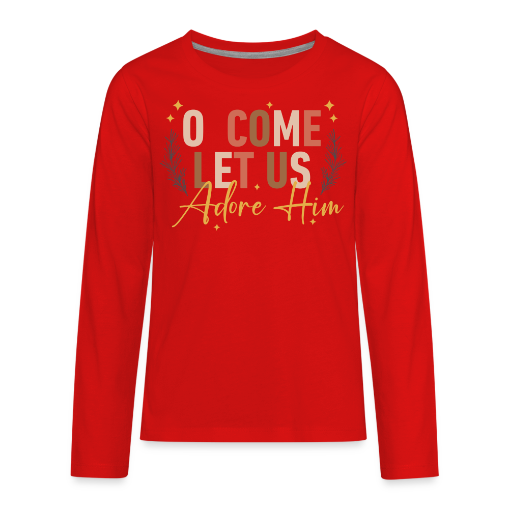 O Come Let us Adore Him Christmas Kid's Long Sleeve Shirt - red