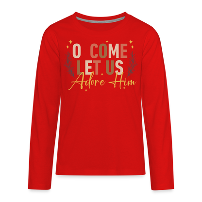 O Come Let us Adore Him Christmas Kid's Long Sleeve Shirt - red