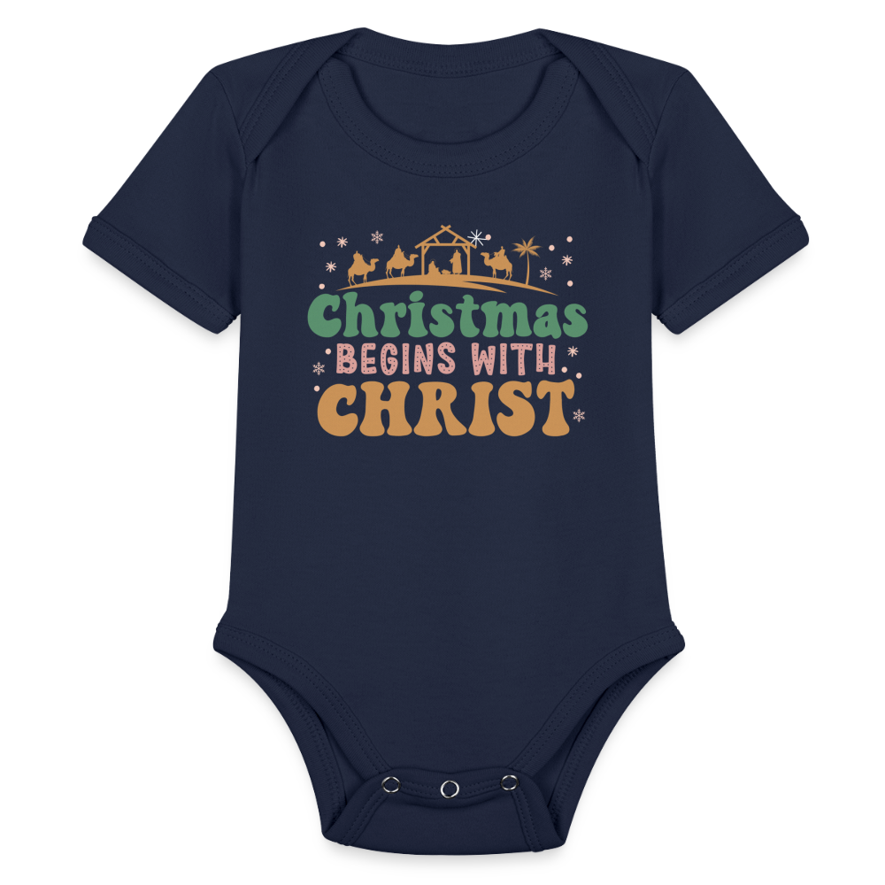 Christmas begins with Christ Family Organic Short Sleeve Baby Bodysuit - dark navy