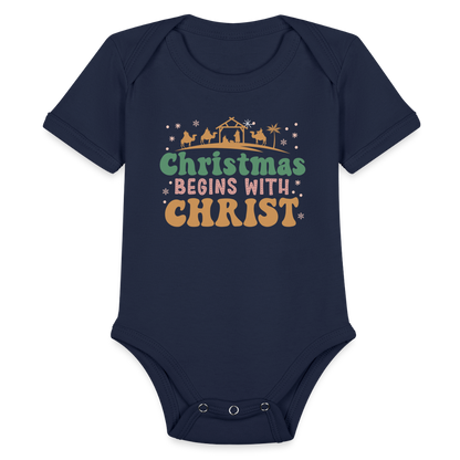 Christmas begins with Christ Family Organic Short Sleeve Baby Bodysuit - dark navy