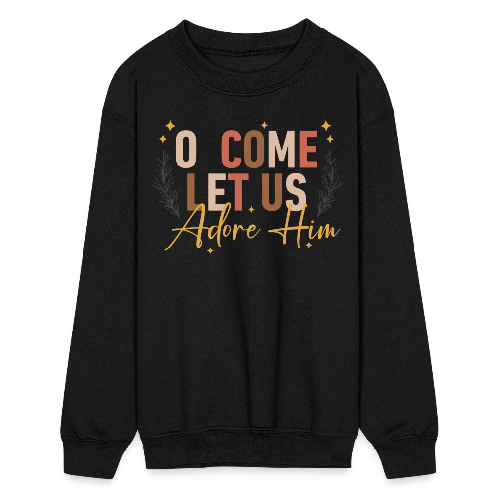 O Come Let us Adore Him Christmas Kid's Long Sleeve Sweater - black