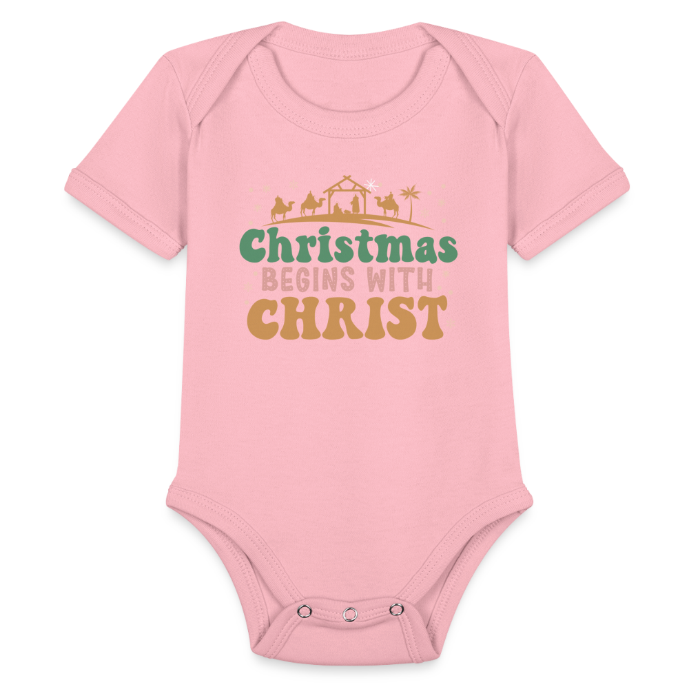 Christmas begins with Christ Family Organic Short Sleeve Baby Bodysuit - light pink