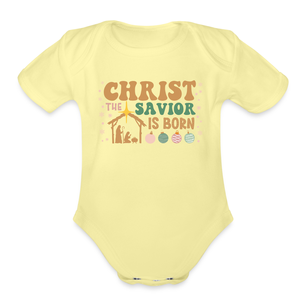 Christ the Savior is Born Christmas Family Organic Short Sleeve Baby Bodysuit - washed yellow