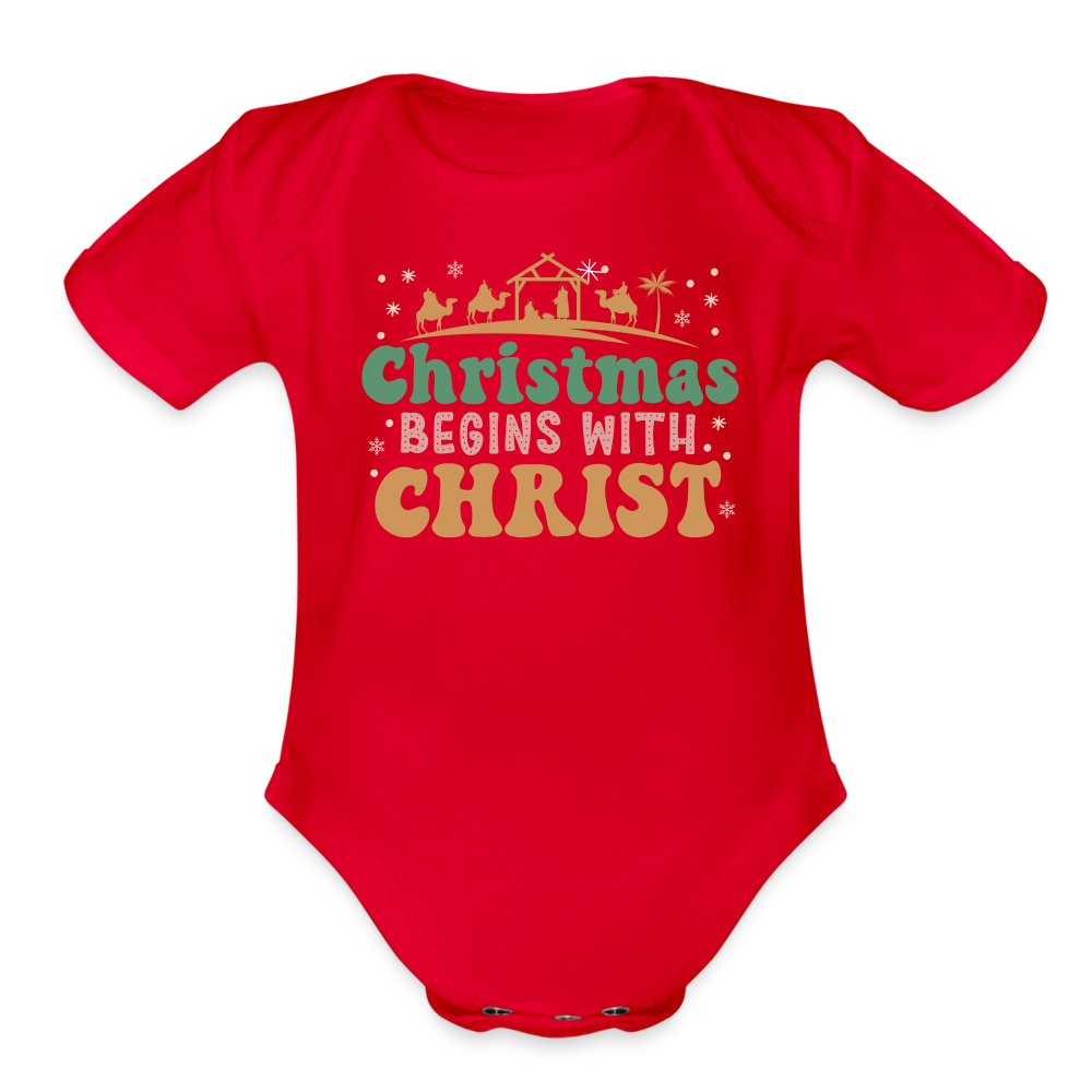 Christmas begins with Christ Family Organic Short Sleeve Baby Bodysuit - red