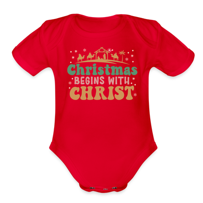 Christmas begins with Christ Family Organic Short Sleeve Baby Bodysuit - red