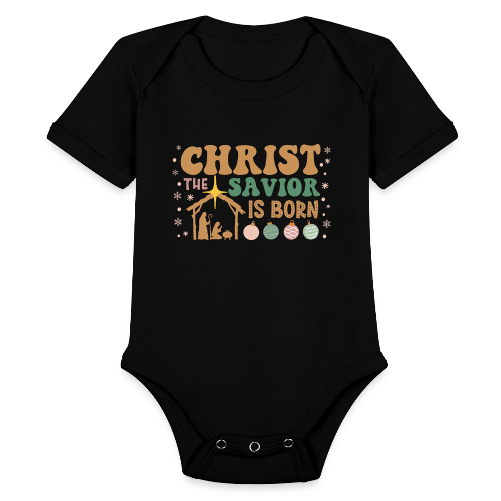 Christ the Savior is Born Christmas Family Organic Short Sleeve Baby Bodysuit - black