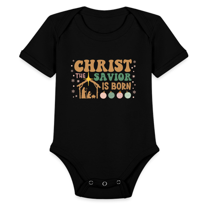 Christ the Savior is Born Christmas Family Organic Short Sleeve Baby Bodysuit - black