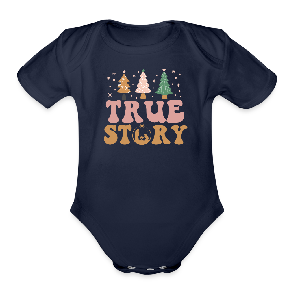 True Story Christmas Family Organic Short Sleeve Baby Bodysuit - dark navy