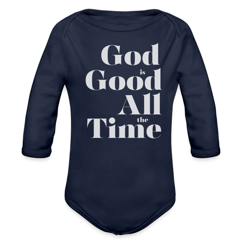 God is Good Organic Long Sleeve Baby Bodysuit - dark navy