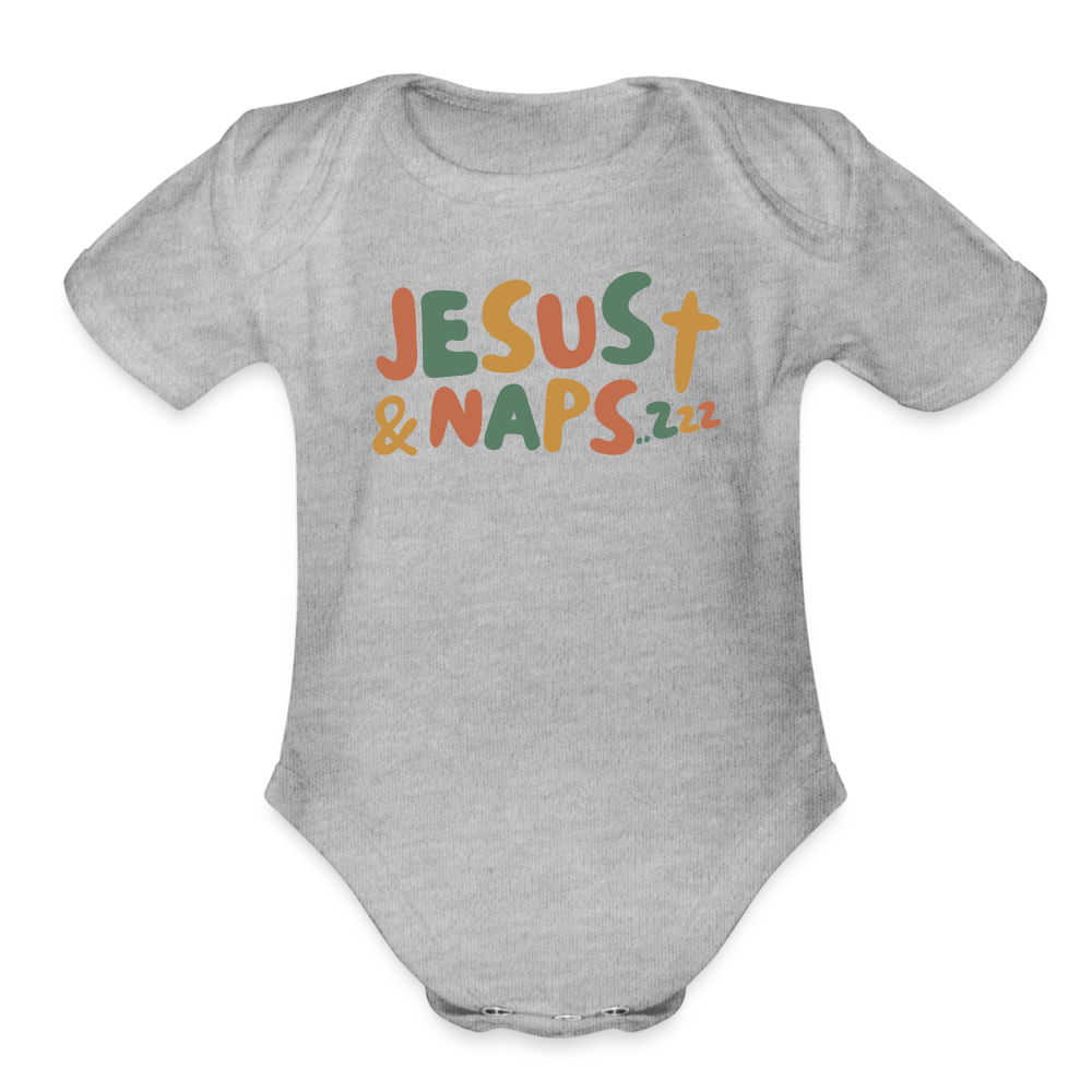 Jesus & Naps Family Organic Short Sleeve Baby Bodysuit - heather grey