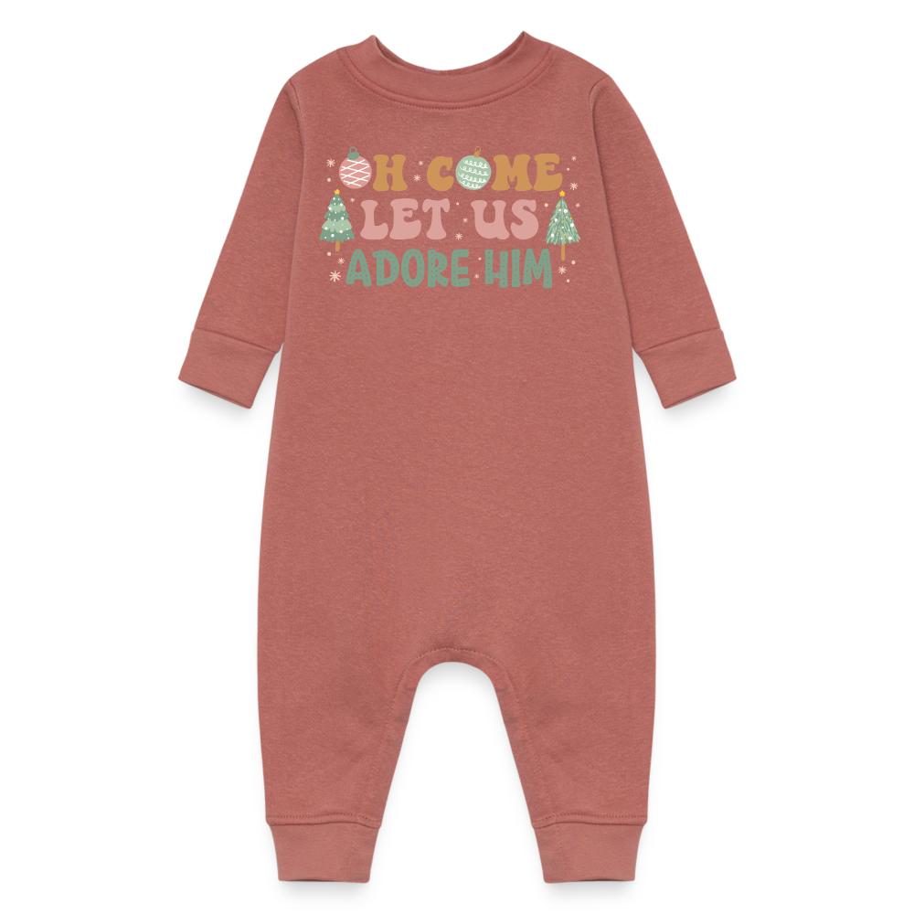 Oh Come Let Us Adore Him Christmas Family Baby Fleece One Piece - mauve