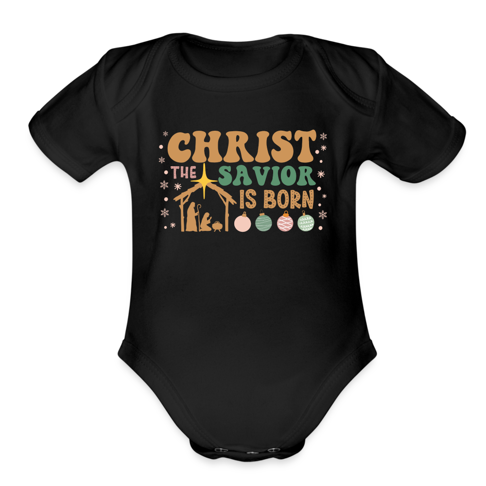 Christ the Savior is Born Christmas Family Organic Short Sleeve Baby Bodysuit - black