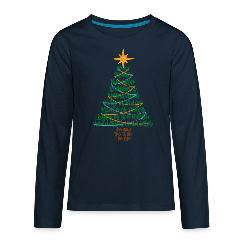 Names of Jesus Christmas Tree Kid's Long Sleeve Shirt - deep navy