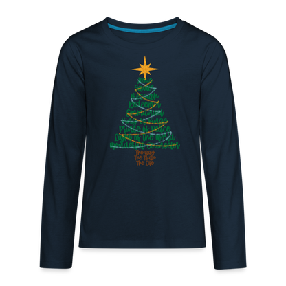 Names of Jesus Christmas Tree Kid's Long Sleeve Shirt - deep navy