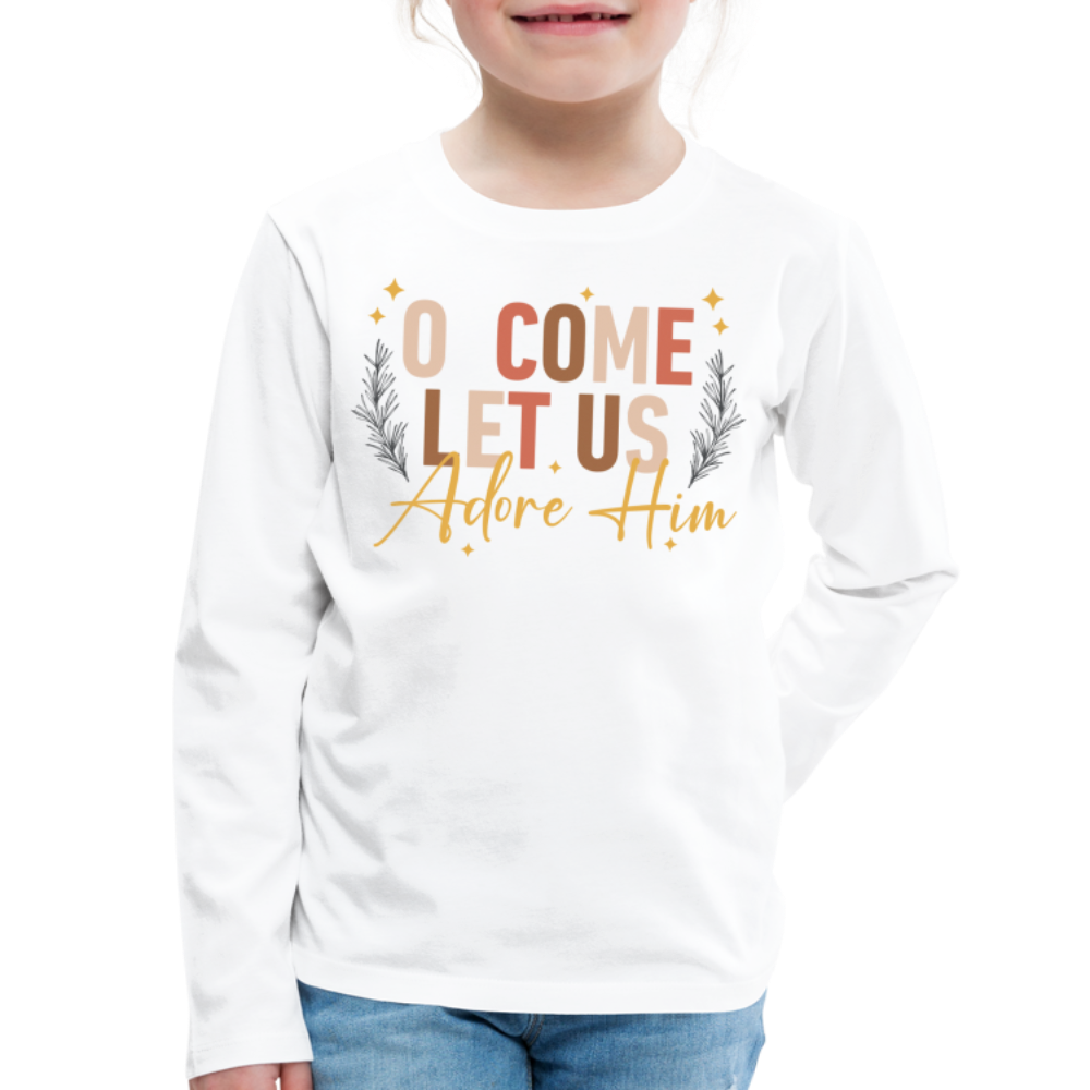 O Come Let us Adore Him Christmas Kid's Long Sleeve Shirt - white