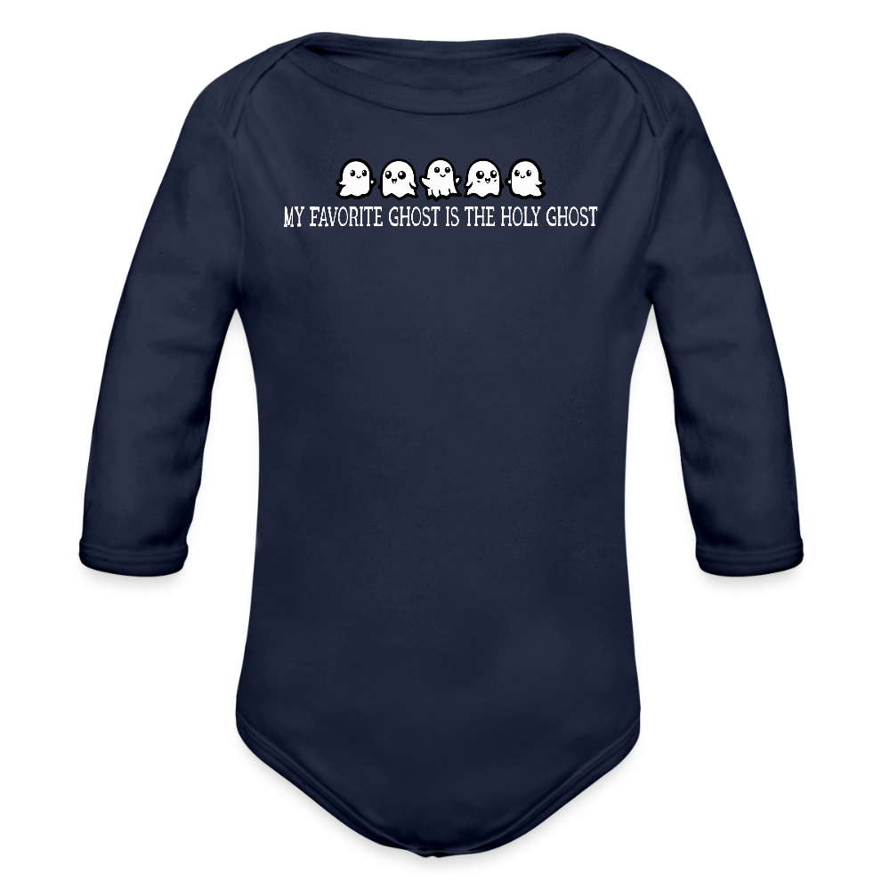 My Favorite Ghost is the Holy Ghost (W) Baby Long Sleeve Bodysuit - dark navy