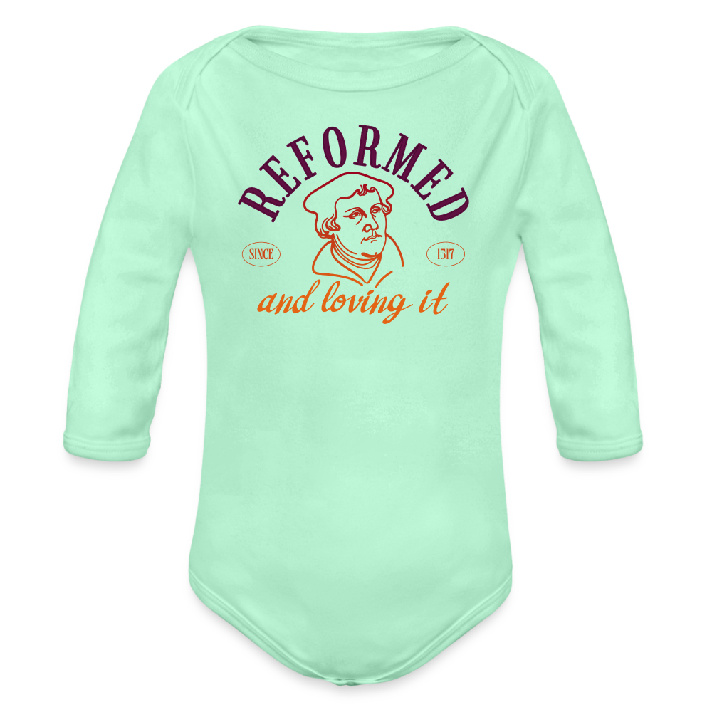 Reformed & Loving It (Color) Reformation Day Baby Long Sleeve Onesie - light mint