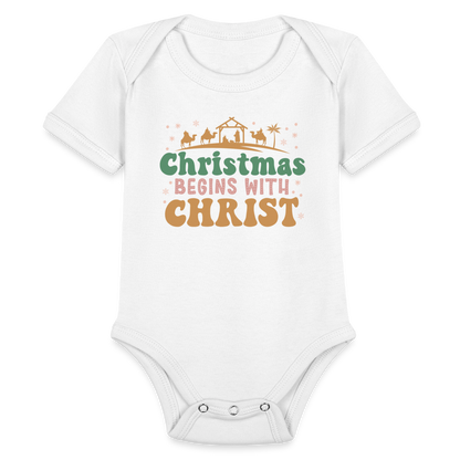 Christmas begins with Christ Family Organic Short Sleeve Baby Bodysuit - white