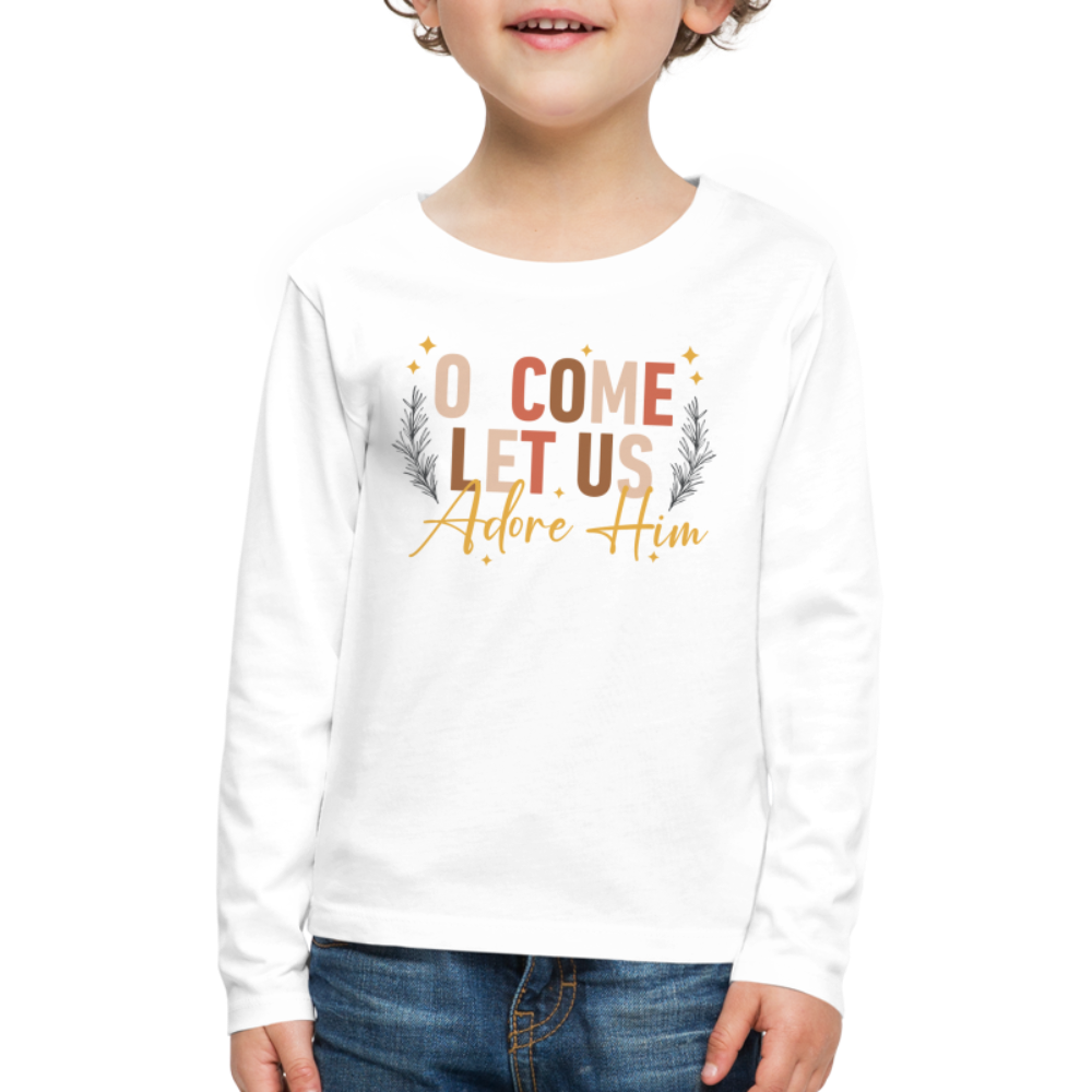 O Come Let us Adore Him Christmas Kid's Long Sleeve Shirt - white