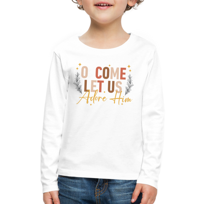 O Come Let us Adore Him Christmas Kid's Long Sleeve Shirt - white