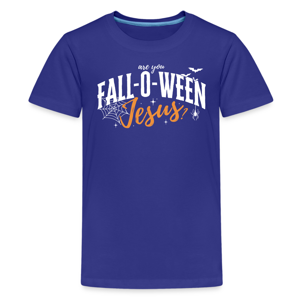 Are You Fall-O-Ween Jesus? (W) Kid's Short Sleeve Shirt - royal blue