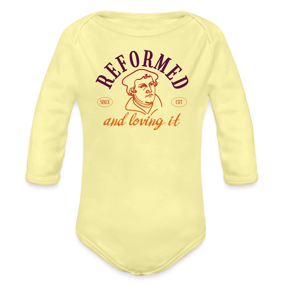 Reformed & Loving It (Color) Reformation Day Baby Long Sleeve Onesie - washed yellow