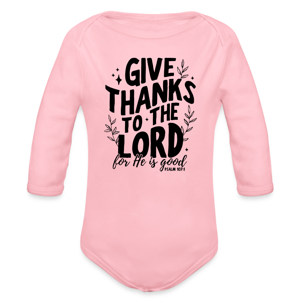 Give Thanks to the Lord Baby Long Sleeve Onesie - light pink