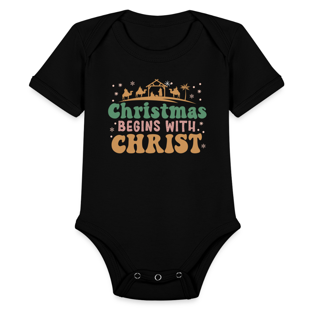 Christmas begins with Christ Family Organic Short Sleeve Baby Bodysuit - black