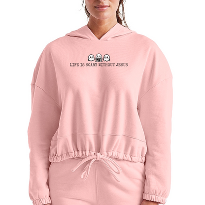 Life is Scary Without Jesus Women's Cropped Hoodie - light pink