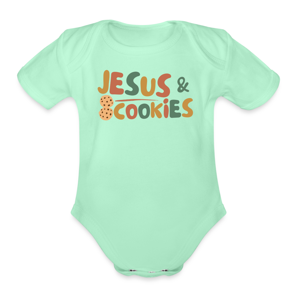 Jesus & Cookies Family Organic Short Sleeve Baby Bodysuit - light mint