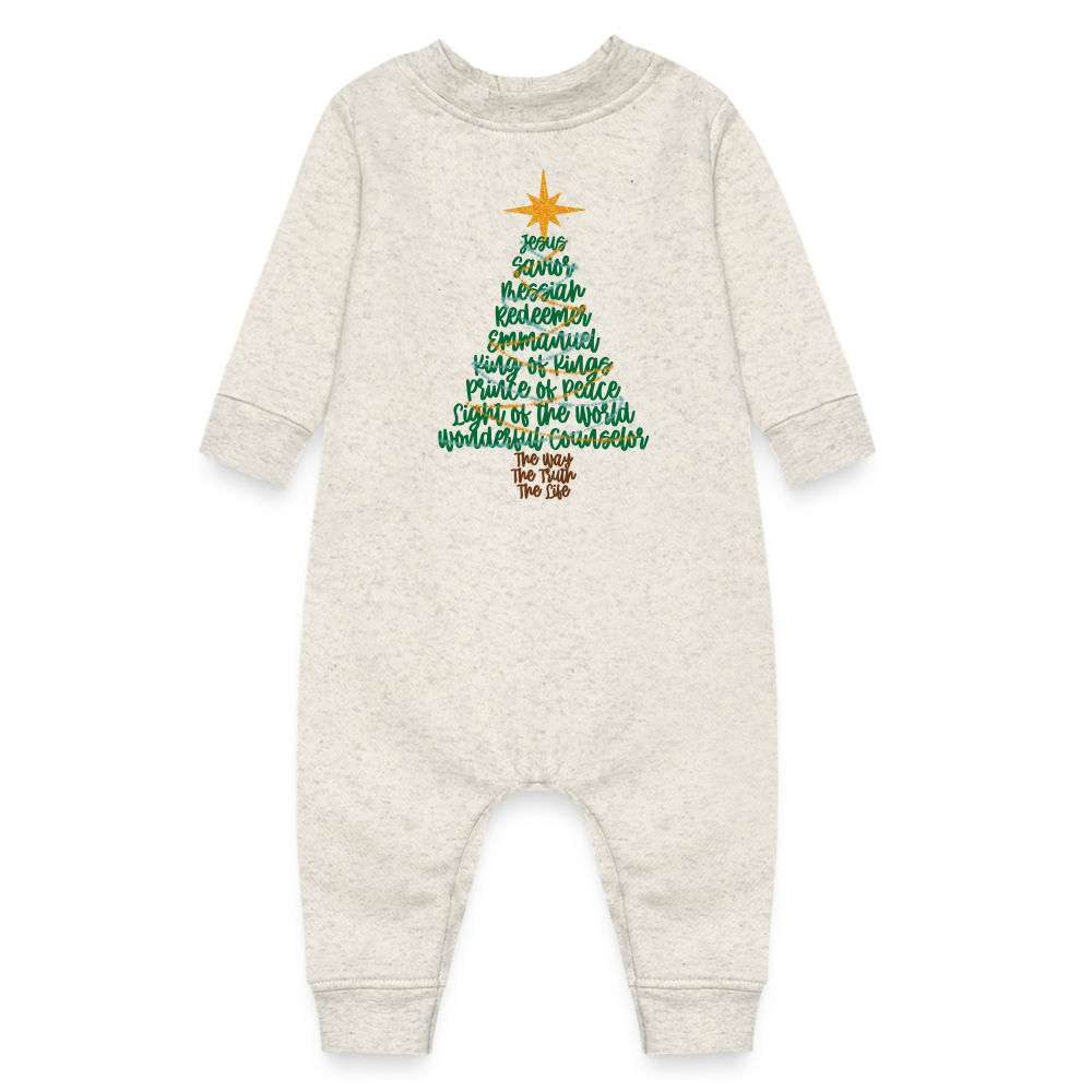 Names of Jesus Christmas Tree Baby Fleece Long Sleeve Onesie - heather oatmeal