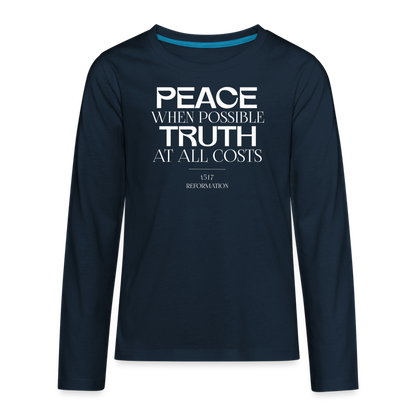 Peace when Possible Truth at All Costs Reformation Day (W) Kid's Long Sleeve Shirt - deep navy