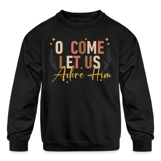 O Come Let us Adore Him Christmas Kid's Long Sleeve Sweater - black