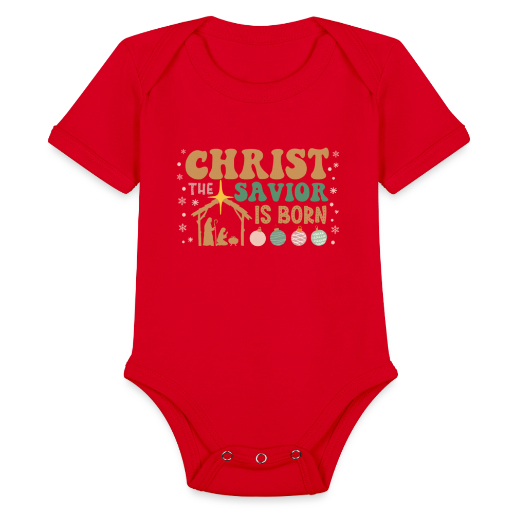 Christ the Savior is Born Christmas Family Organic Short Sleeve Baby Bodysuit - red