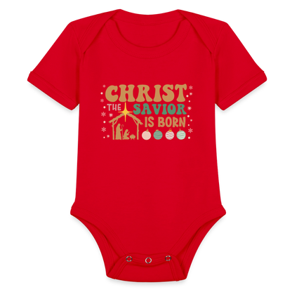 Christ the Savior is Born Christmas Family Organic Short Sleeve Baby Bodysuit - red