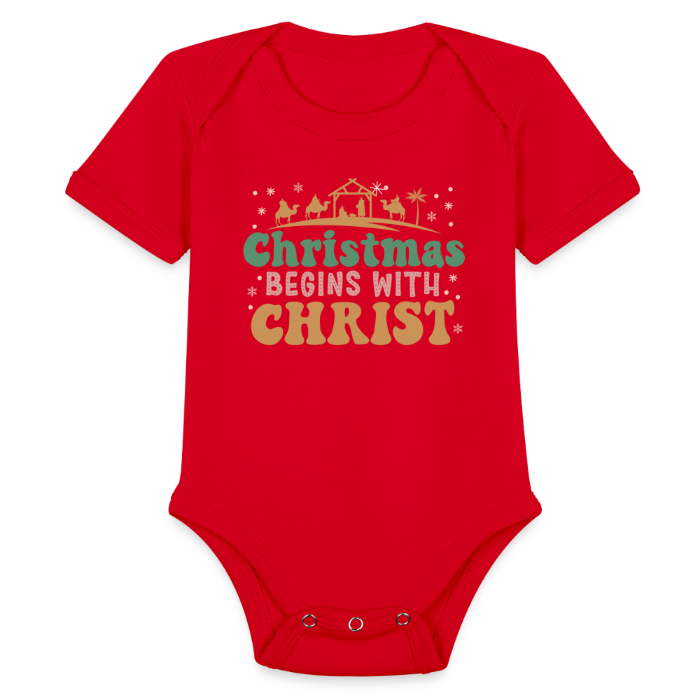 Christmas begins with Christ Family Organic Short Sleeve Baby Bodysuit - red