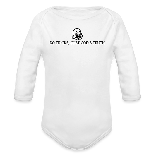 No Tricks Just God's Truth (Bible) Baby Long Sleeve Bodysuit - white